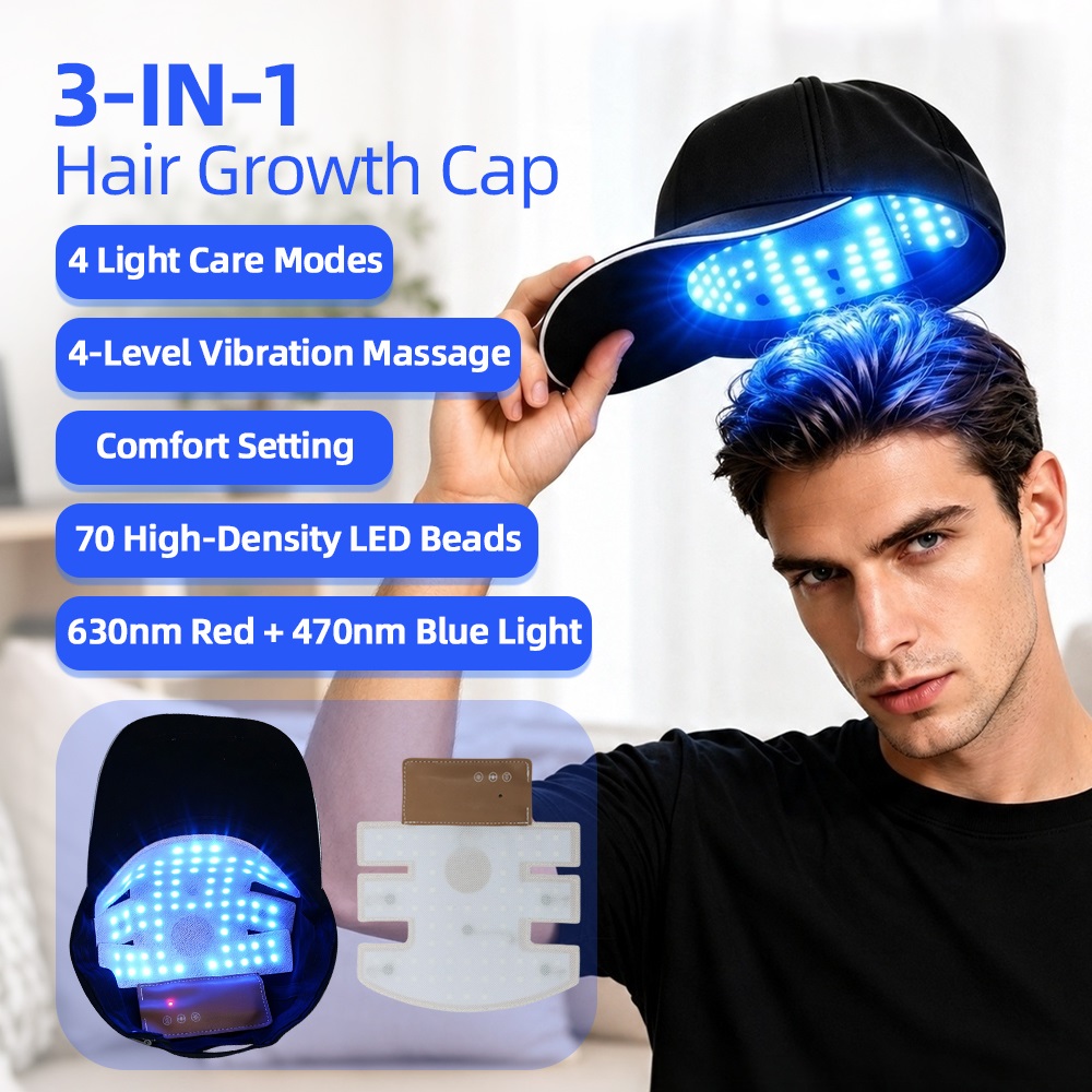 Hair Care Nutrition - 630nm Rotlicht+470nm Blaulicht Haarwuchskappe Vibrationsmassage Kopfhautmassagegerät